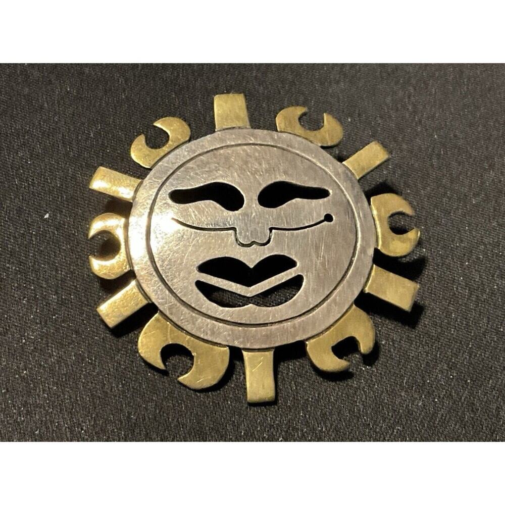 925 Silver and Brass Vintage Aztec Sun Beam Brooch/Pendant